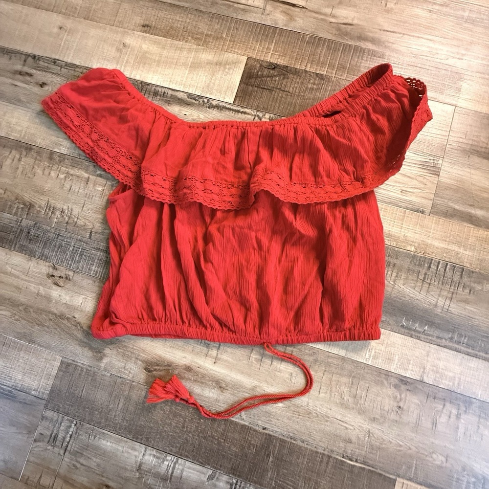Guess Off The Shoulder Crochet Trim Crop Top Red‎ Sz XL Boho Beach Travel